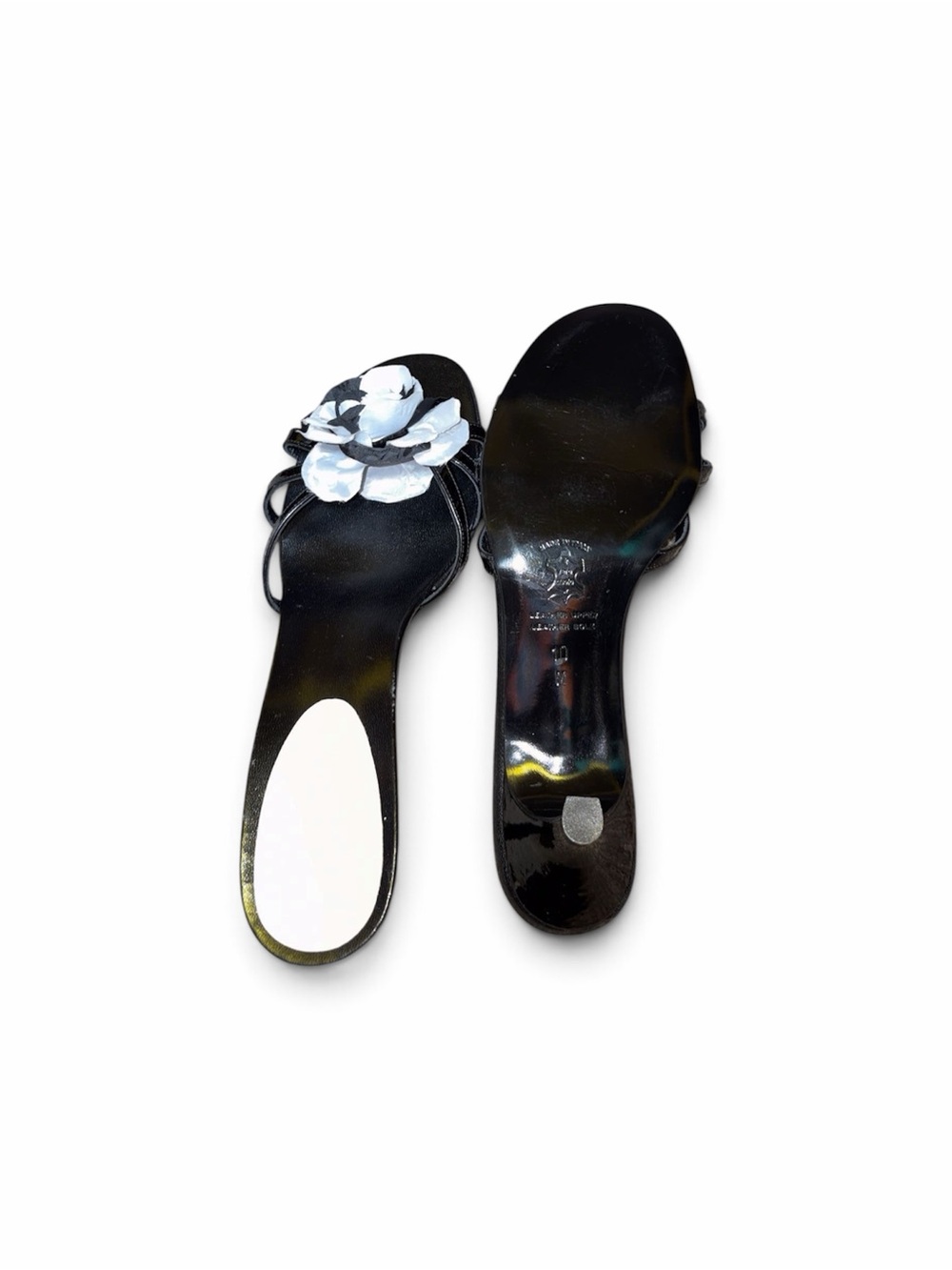 Vintage Black Slide Heels with White Floral Accent - Women Size 10